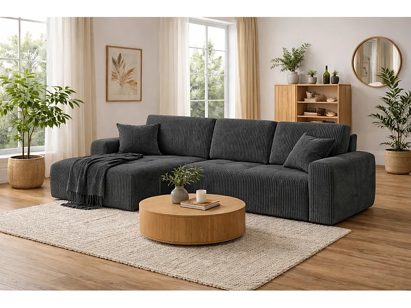 Divano angolare con funzione letto e contenitore a forma di L Ivo XL, tessuto a coste Poso, Grigio, Sinistra