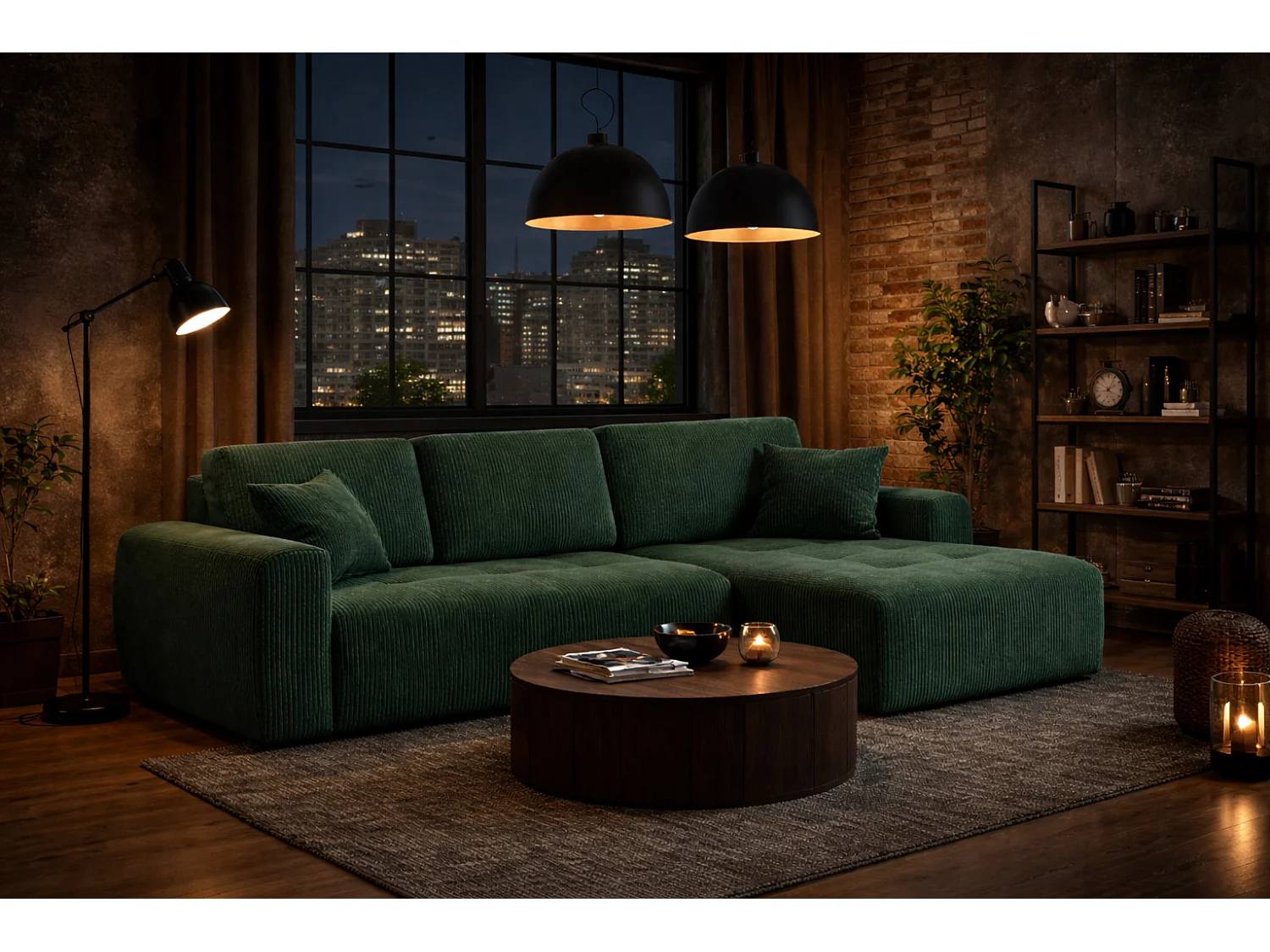 Divano angolare con funzione letto e contenitore a forma di L Ivo L, tessuto a coste Poso, Verde, Destra