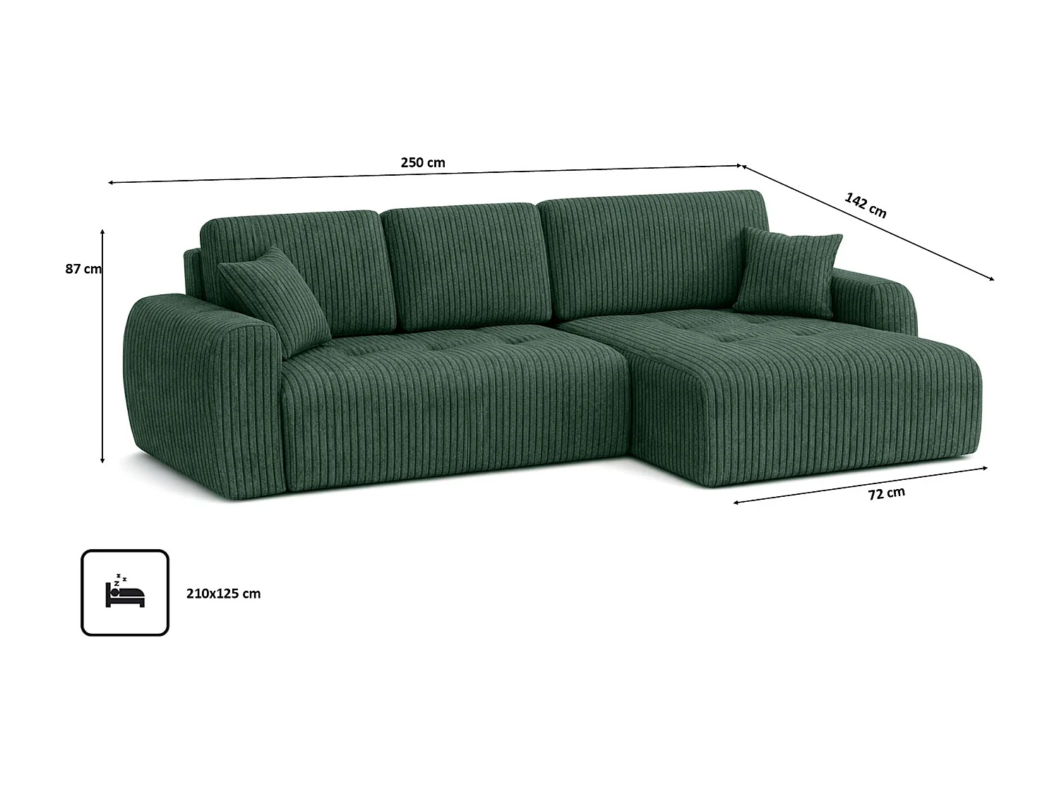 Divano angolare con funzione letto e contenitore a forma di L Ivo L, tessuto a coste Poso, Verde, Destra