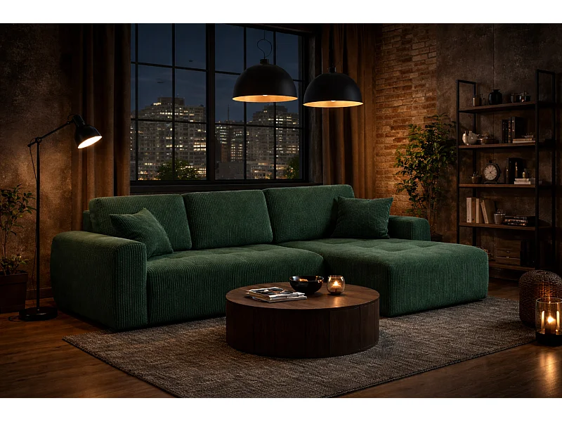 Divano angolare con funzione letto e contenitore a forma di L Ivo L, tessuto a coste Poso, Verde, Destra