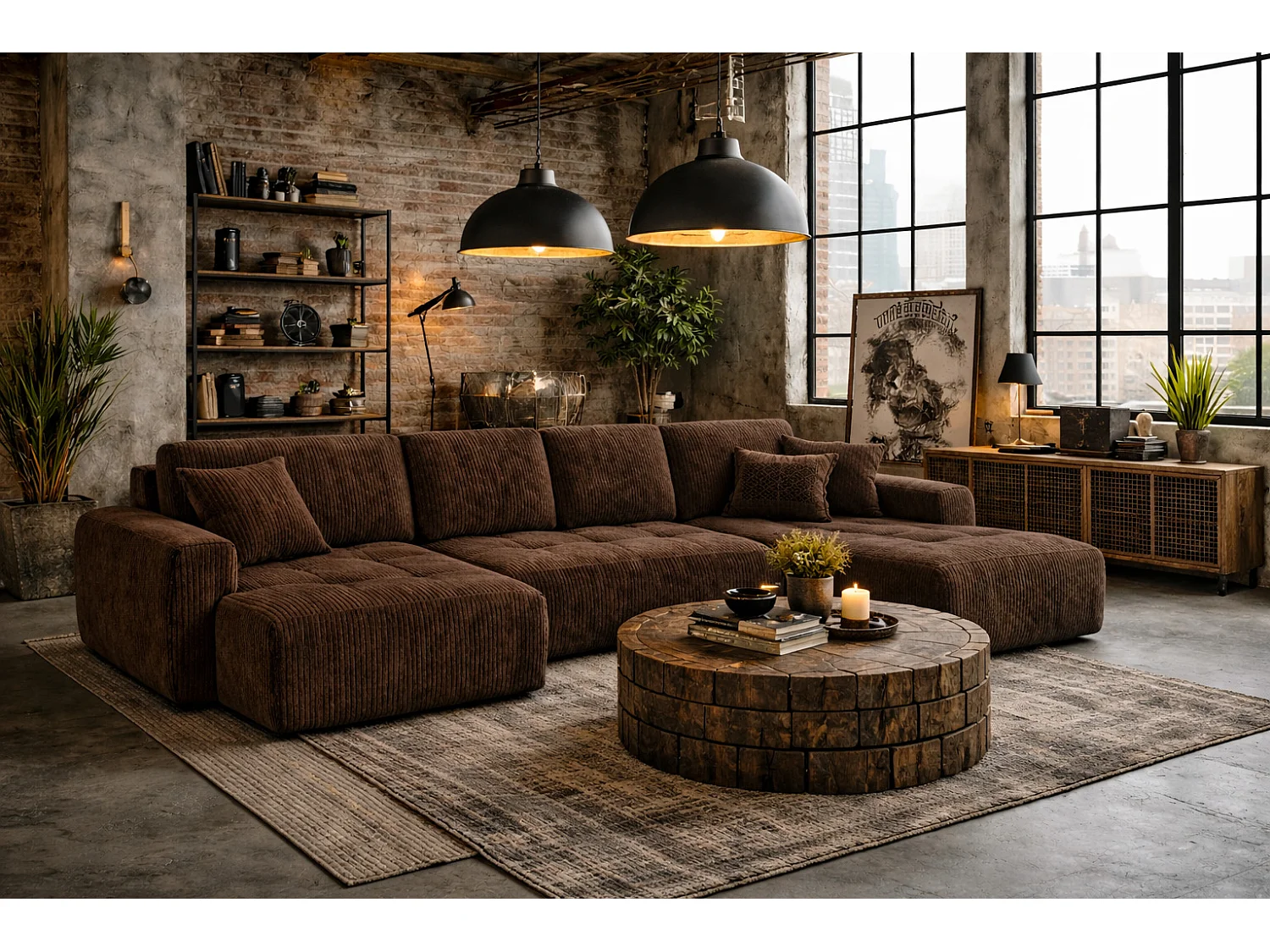 Canapé d’angle en U avec fonction couchage et coffre de rangement Ivo U XL, velours côtelé Poso, Marron