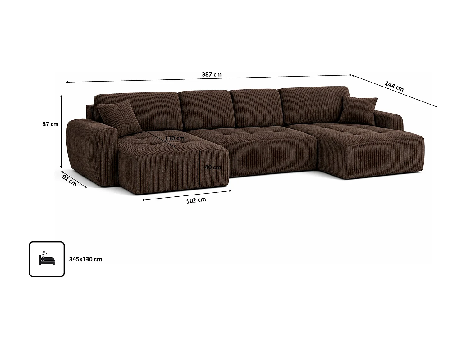 Canapé d’angle en U avec fonction couchage et coffre de rangement Ivo U XL, velours côtelé Poso, Marron