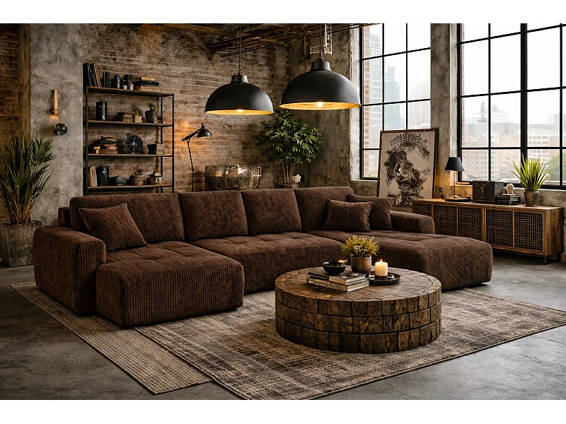 Canapé d’angle en U avec fonction couchage et coffre de rangement Ivo U, velours côtelé Poso, Marron