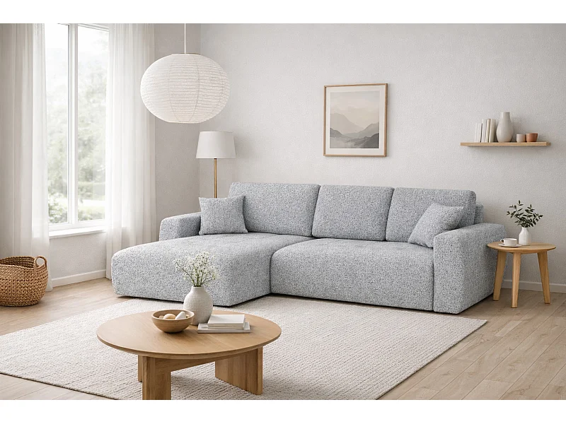 Canapé d’angle avec fonction couchage et coffre de rangement en forme de L Ivo XL, tissu chenille Artico, Cement, Gauche