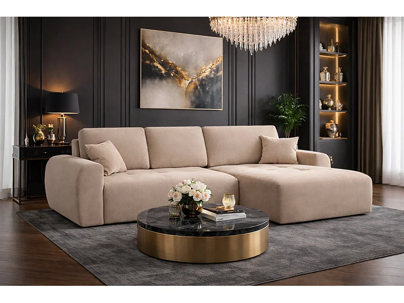 Ecksofa mit Schlaffunktion und Bettkasten L-Form Ivo L, Veloursstoff Salvador, Beige, Rechts