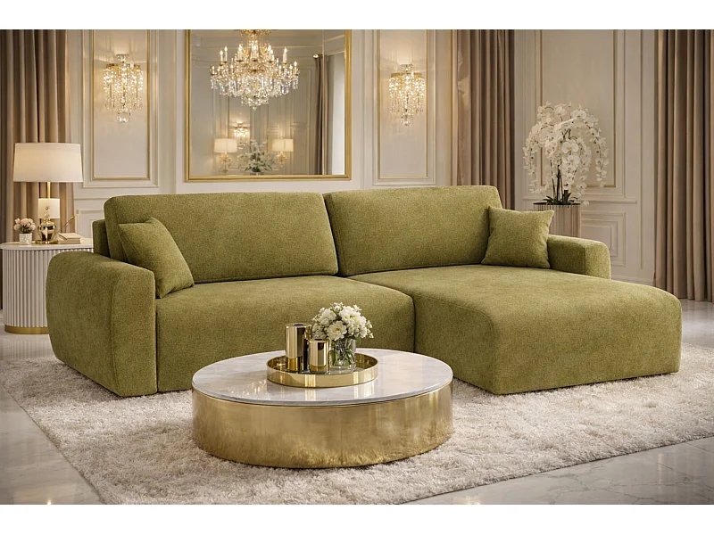 Hoekbank met slaapfunctie en opbergruimte Ariel L, velours, stof Salvador, olijfgroen, rechts
