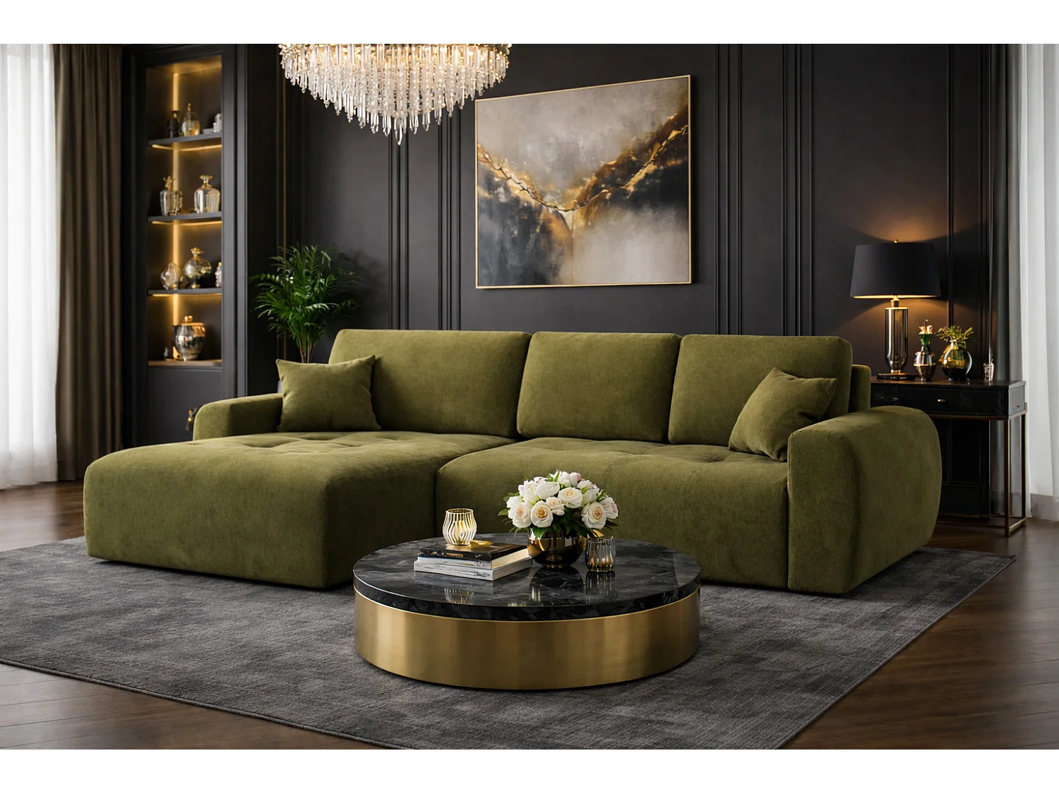 Hoekslaapbank met slaapfunctie en opbergruimte, L-vorm, Ivo L, veloursstof Salvador, Olijfgroen, Links