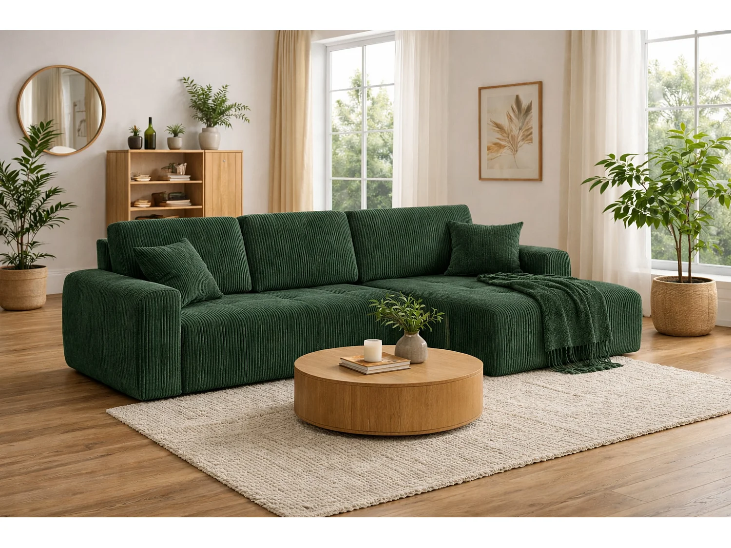Divano angolare con funzione letto e contenitore a forma di L Ivo XL, tessuto a coste Poso, Verde, Destra