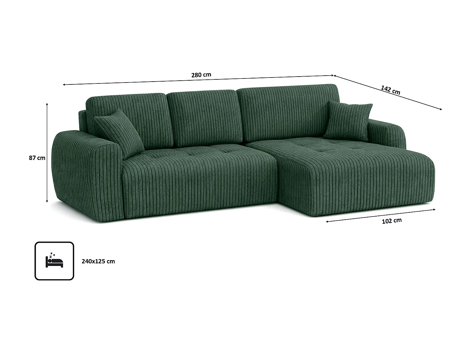 Divano angolare con funzione letto e contenitore a forma di L Ivo XL, tessuto a coste Poso, Verde, Destra