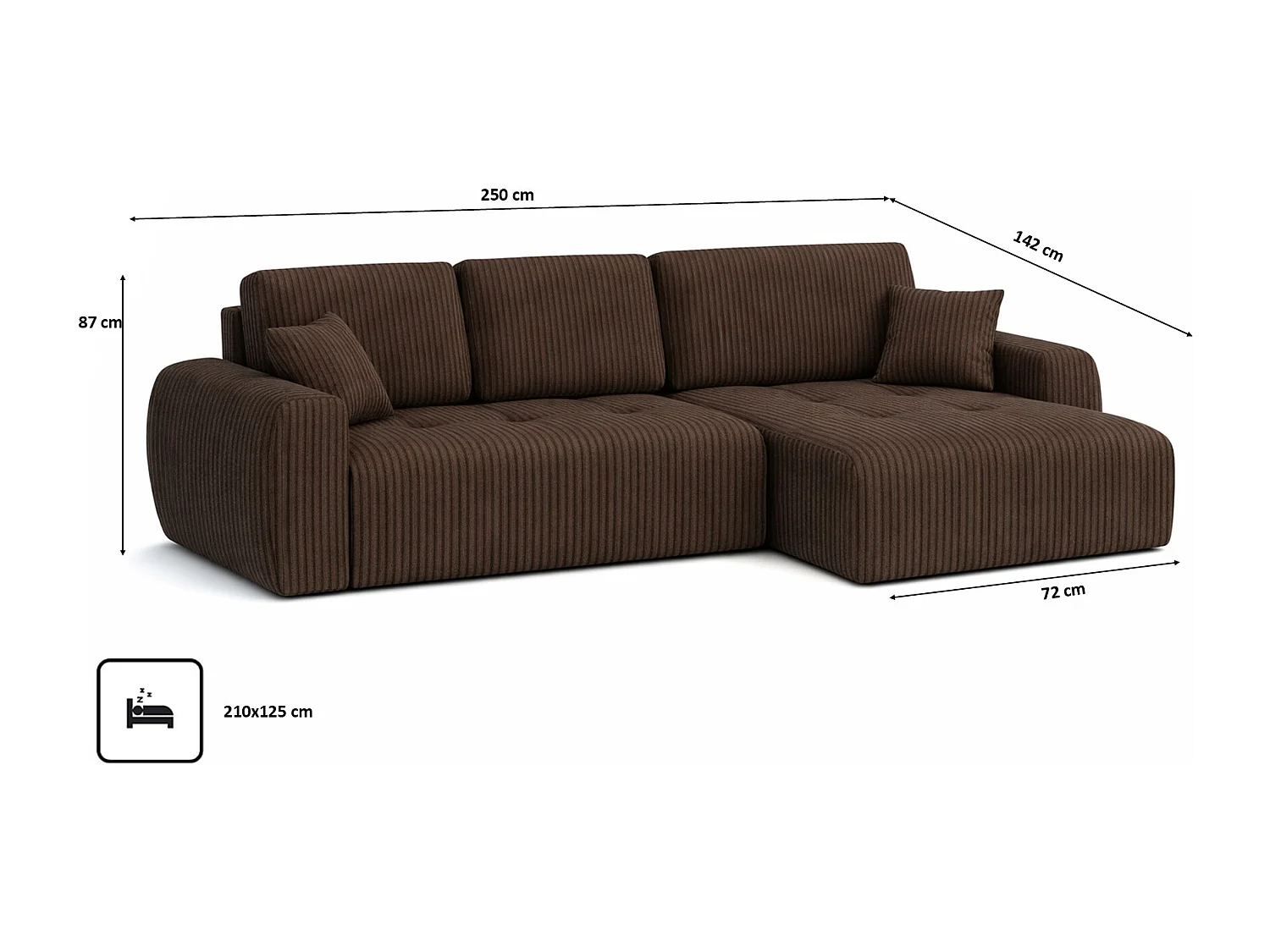 Divano angolare con funzione letto e contenitore a forma di L Ivo L, tessuto a coste Poso, Marrone, Destra