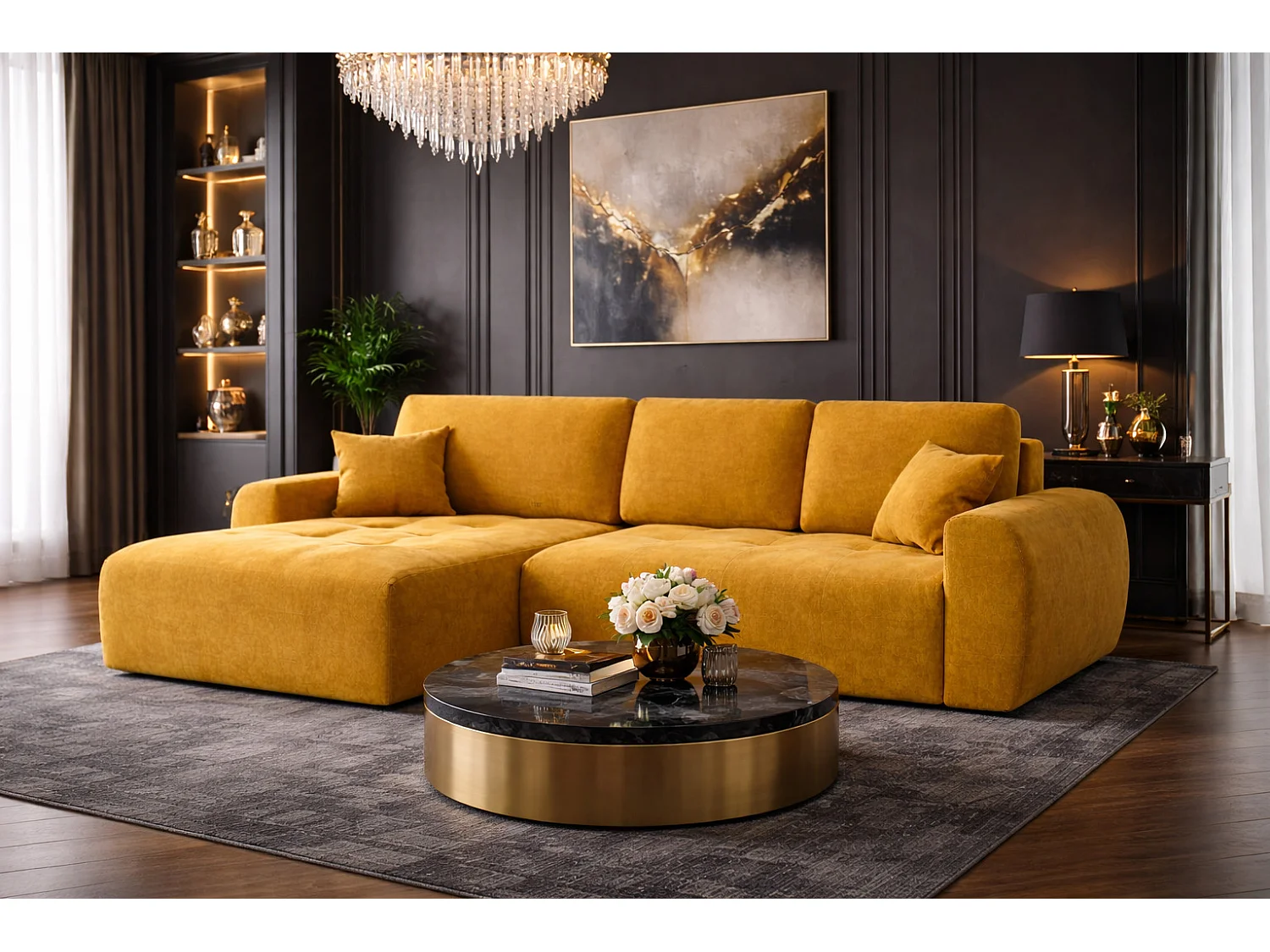 Hoekslaapbank met slaapfunctie en opbergruimte, L-vorm, Ivo L, veloursstof Salvador, Geel, Links