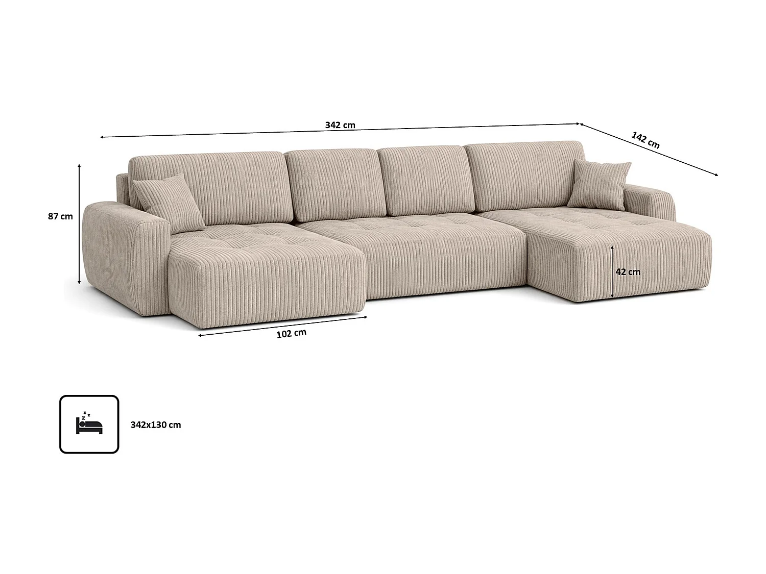Canapé d’angle en U avec fonction couchage et coffre de rangement Ivo U, velours côtelé Poso, Beige foncé
