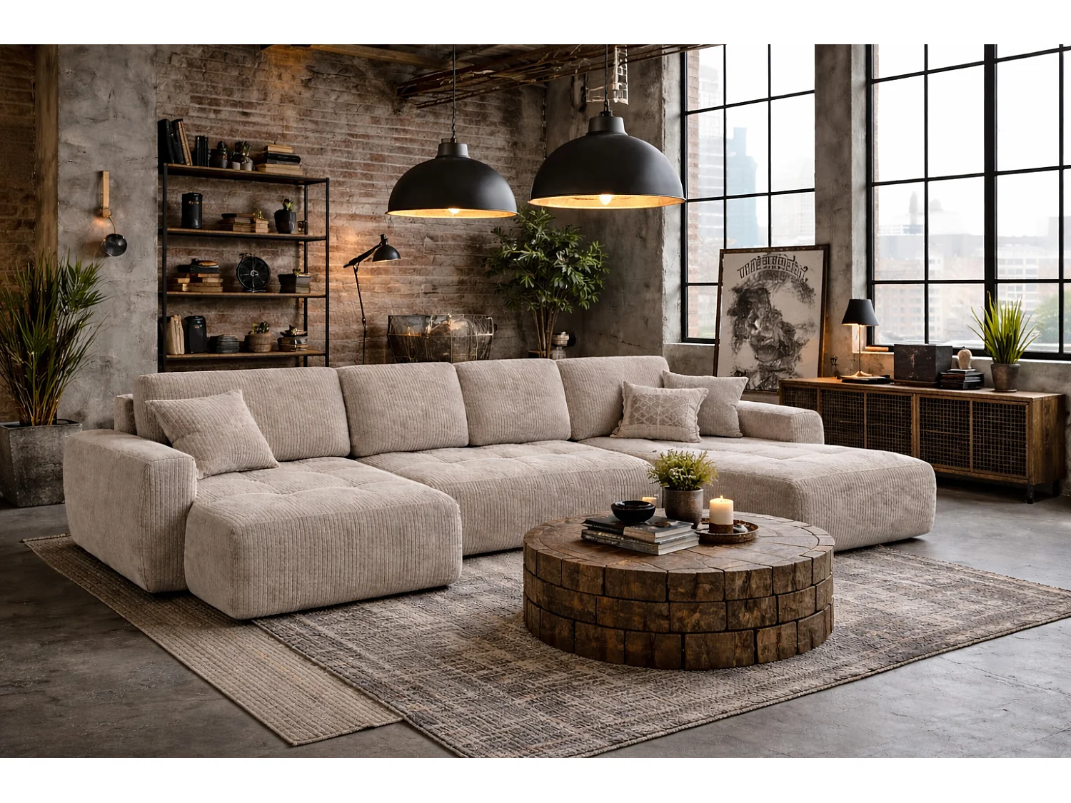 Canapé d’angle en U avec fonction couchage et coffre de rangement Ivo U XL, velours côtelé Poso, Beige foncé