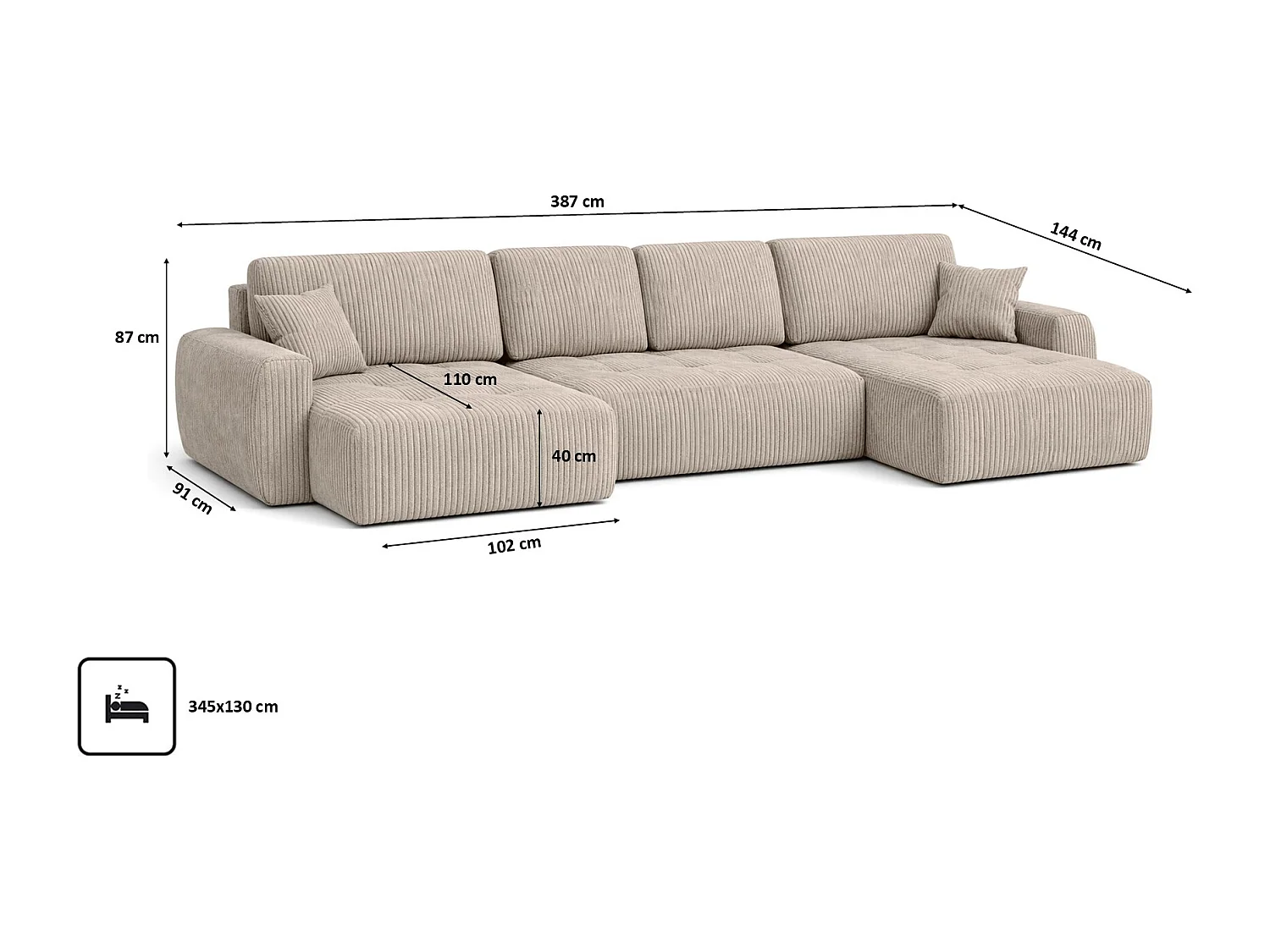 Canapé d’angle en U avec fonction couchage et coffre de rangement Ivo U XL, velours côtelé Poso, Beige foncé