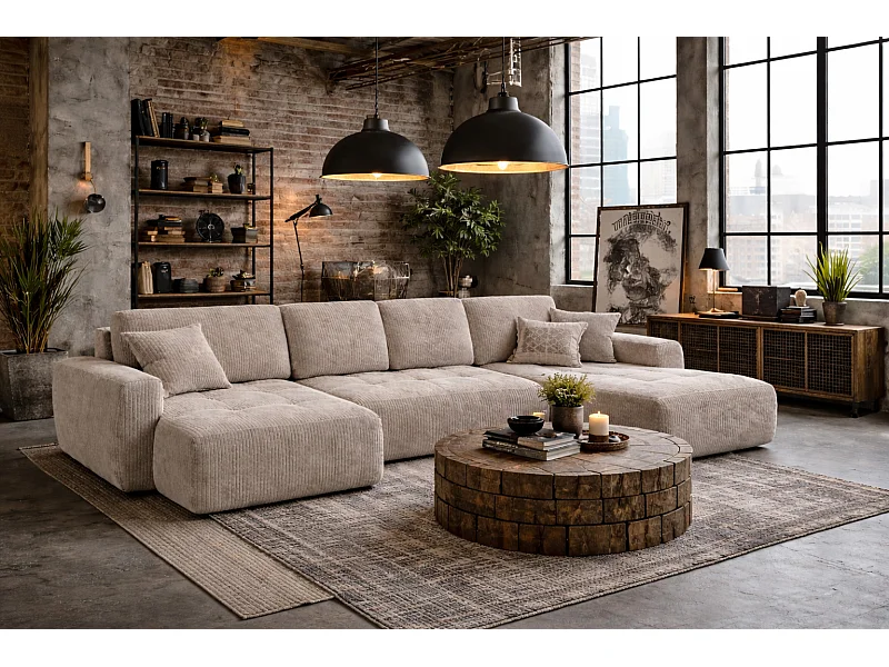 Canapé d’angle en U avec fonction couchage et coffre de rangement Ivo U, velours côtelé Poso, Beige foncé