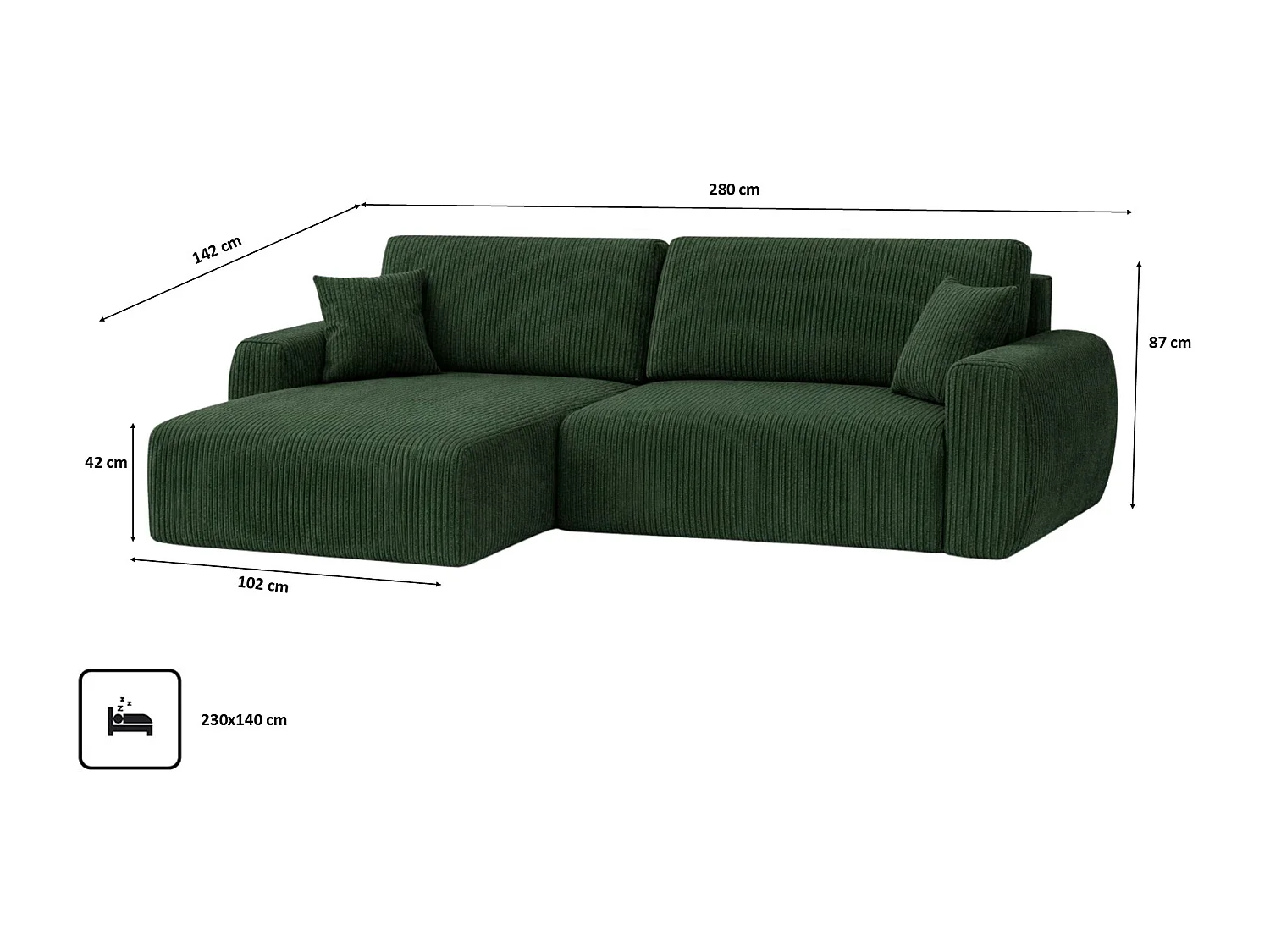 Divano angolare con funzione letto e vano contenitore, Ariel XL, tessuto velluto a coste, tessuto Poso, verde, lato sinistro