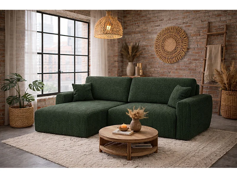 Divano angolare con funzione letto e vano contenitore, Ariel XL, tessuto velluto a coste, tessuto Poso, verde, lato sinistro