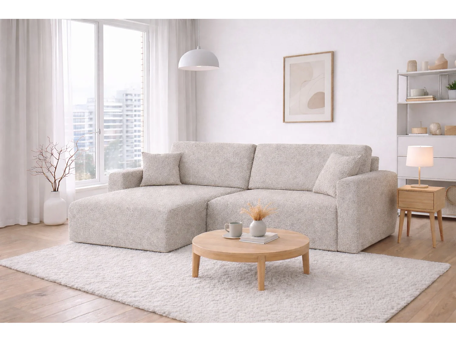 Hoekbank met slaapfunctie en opbergvak, Ariel XL, chenille stof, Artico stof, beige, links