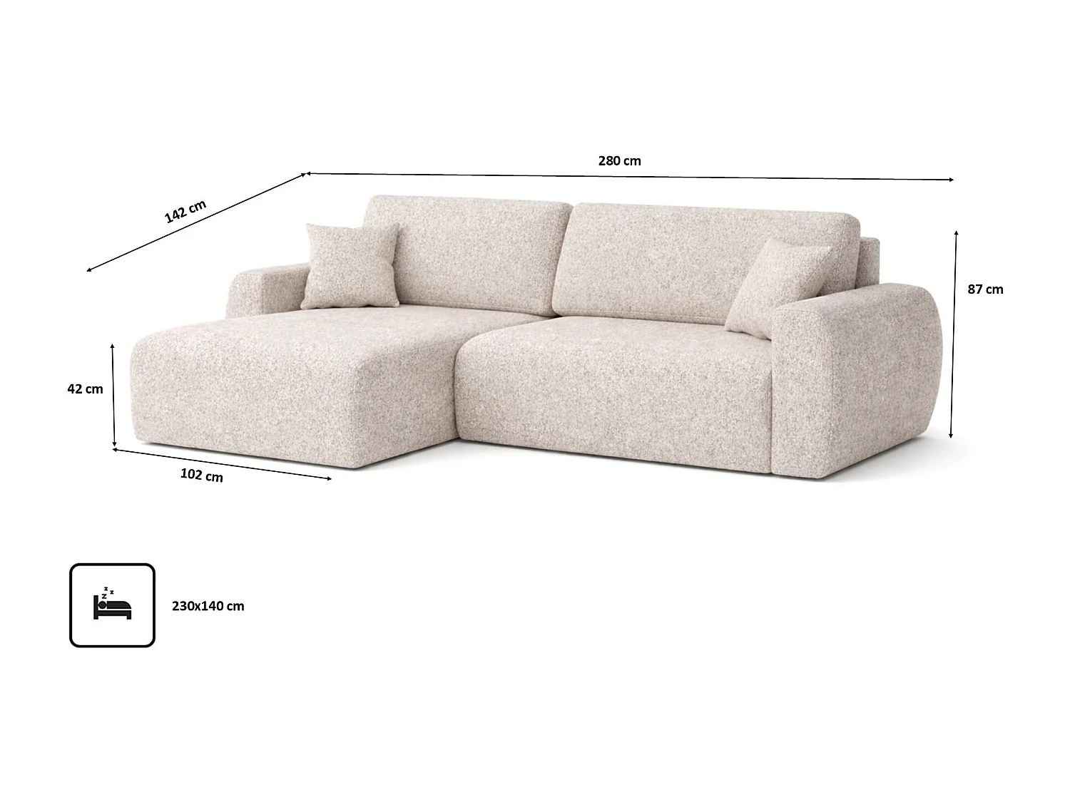 Hoekbank met slaapfunctie en opbergvak, Ariel XL, chenille stof, Artico stof, beige, links