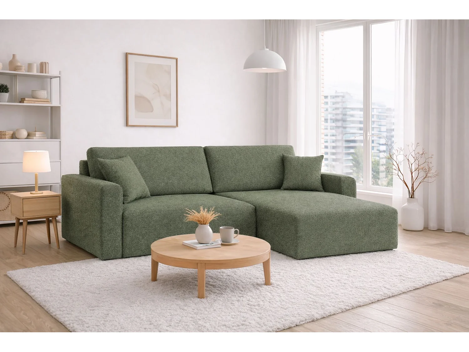 Hoekbank met slaapfunctie en opbergvak, Ariel XL, chenille stof, Artico stof, mosgroen, rechts