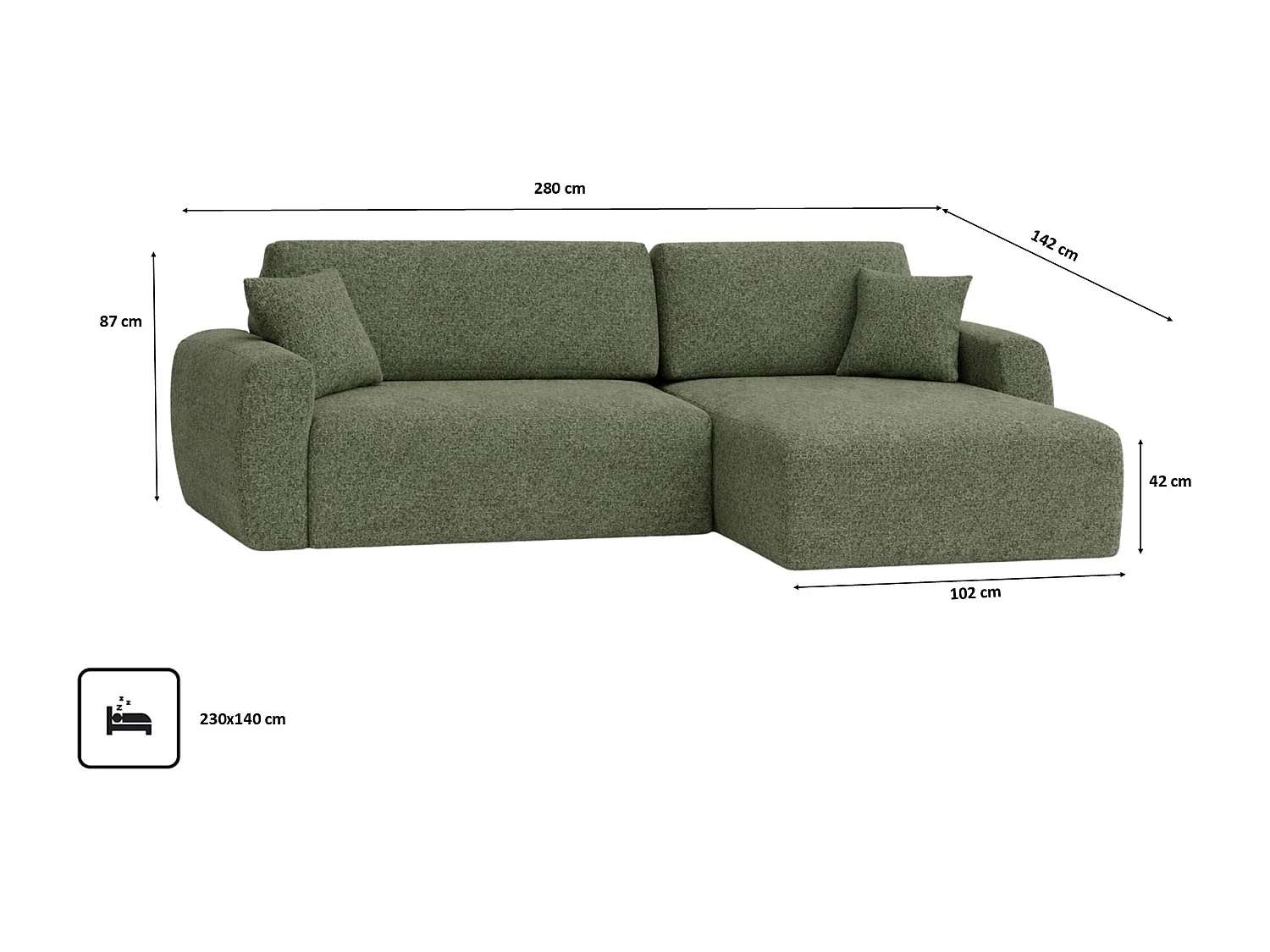 Hoekbank met slaapfunctie en opbergvak, Ariel XL, chenille stof, Artico stof, mosgroen, rechts