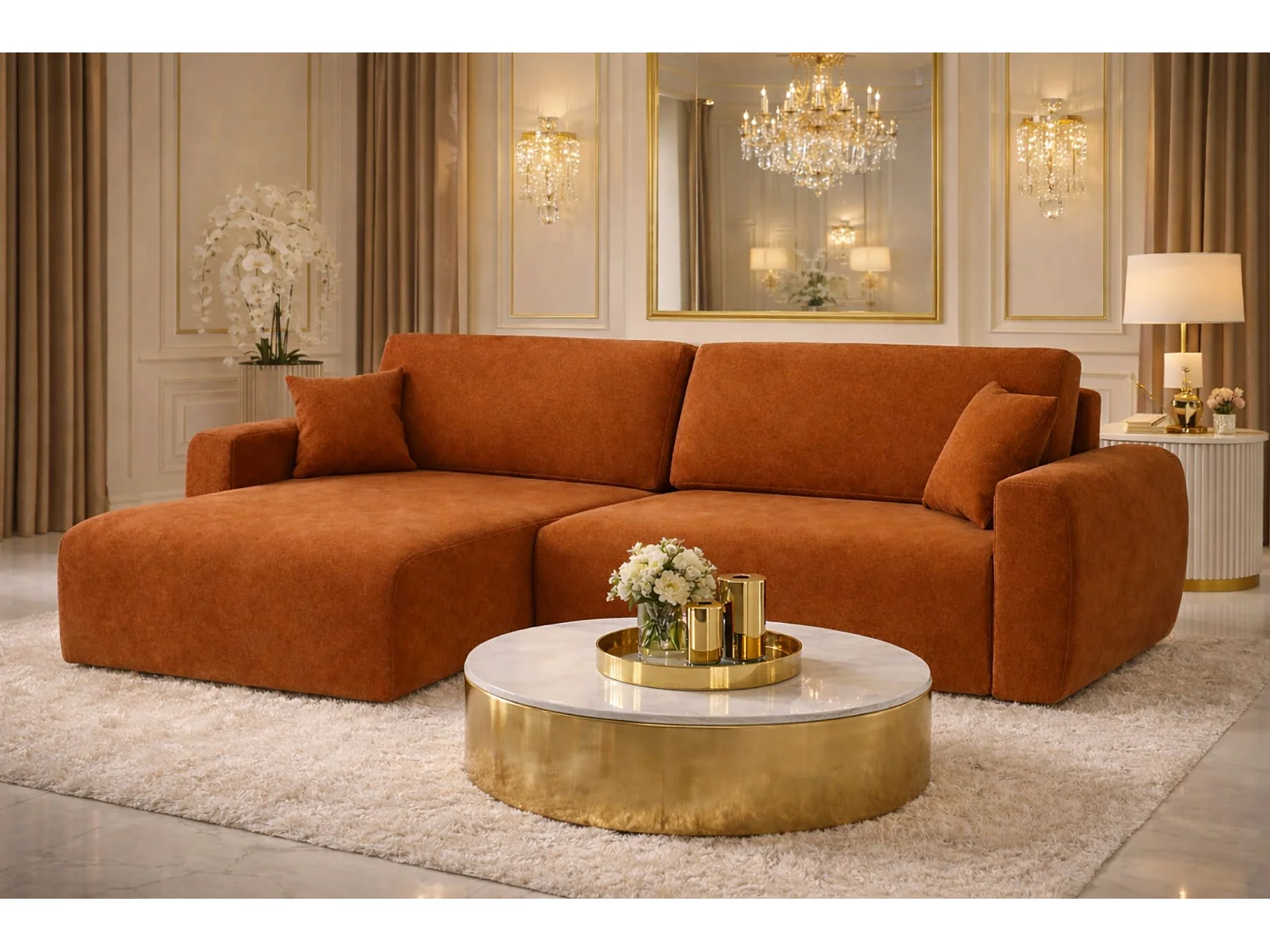 Canapé d'angle convertible avec coffre de rangement Ariel L, velours, tissu Salvador, marron, côté gauche