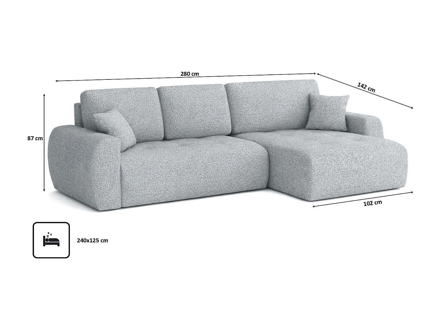 Divano angolare con funzione letto e contenitore a forma di L Ivo XL, tessuto chenille Artico, Cement, Destra