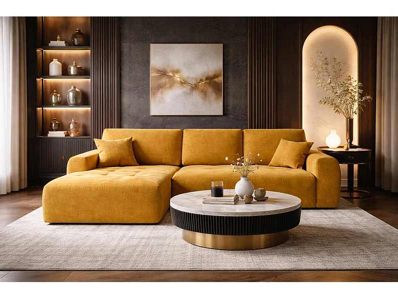 Hoekslaapbank met slaapfunctie en opbergruimte, L-vorm, Ivo XL, veloursstof Salvador, Geel, Links