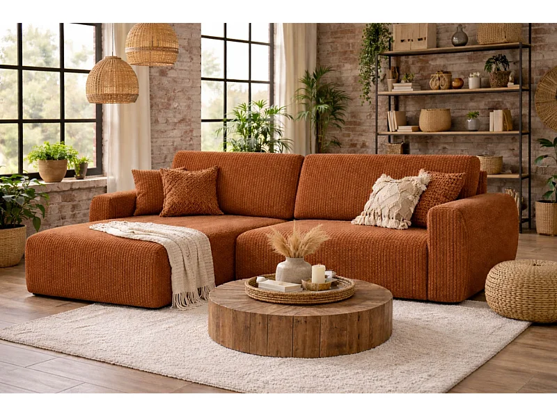 Ecksofa mit Schlaffunktion und Bettkasten Ariel L, Cordstoff, Stoff Poso, Kupfer, Links