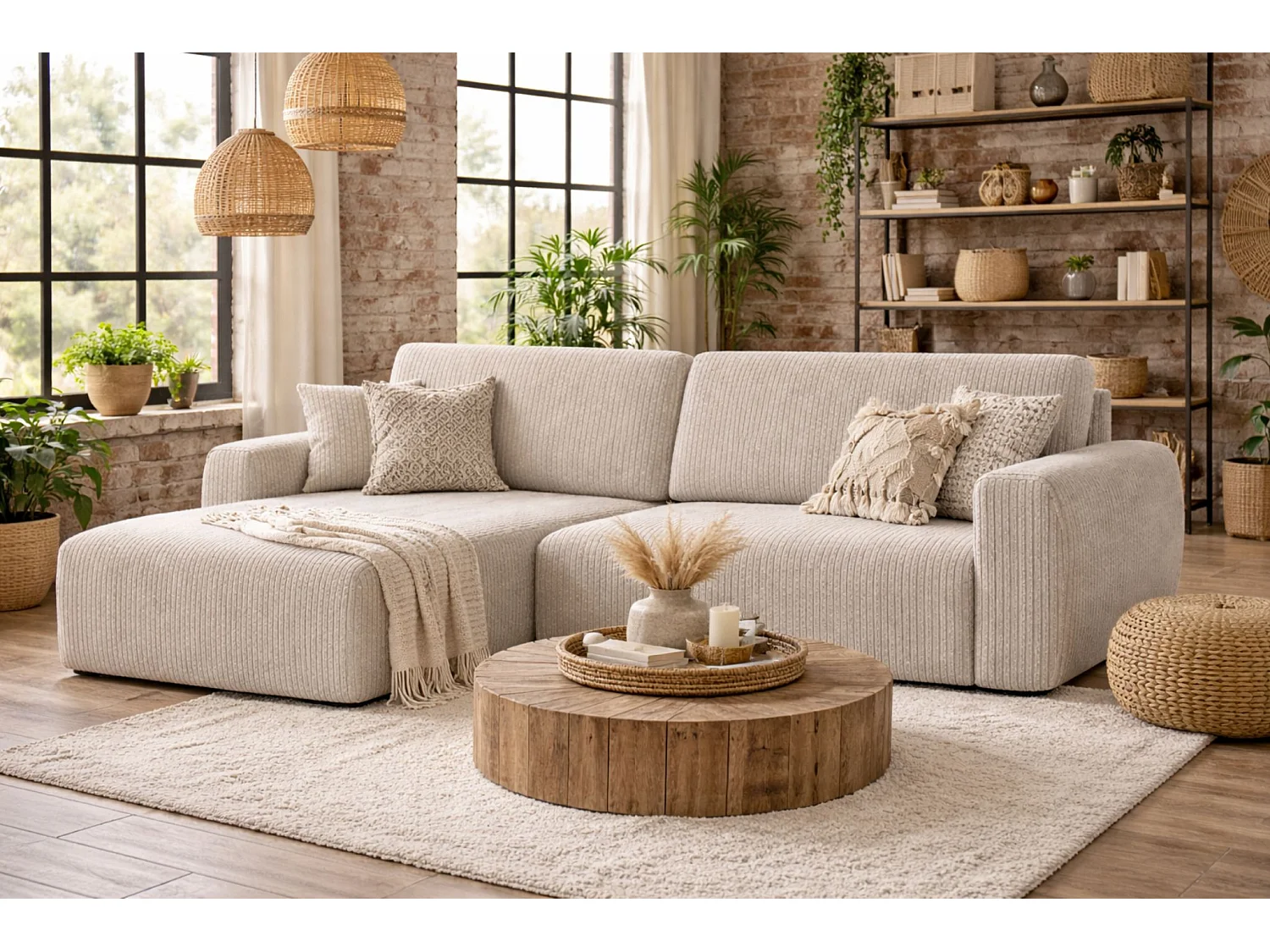 Canapé d'angle convertible avec coffre de rangement Ariel L, tissu côtelé, tissu Poso, beige, côté gauche