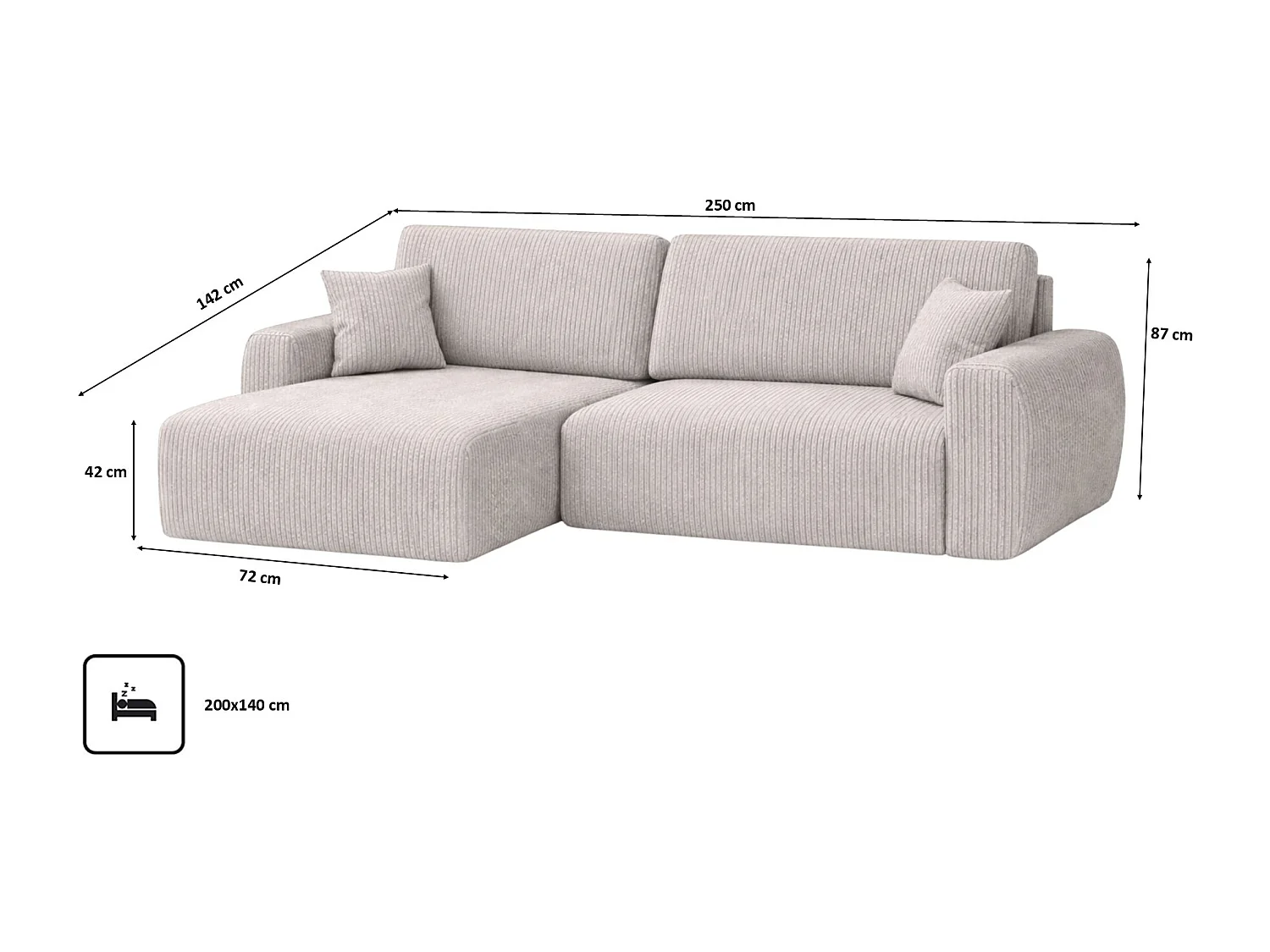 Canapé d'angle convertible avec coffre de rangement Ariel L, tissu côtelé, tissu Poso, beige, côté gauche