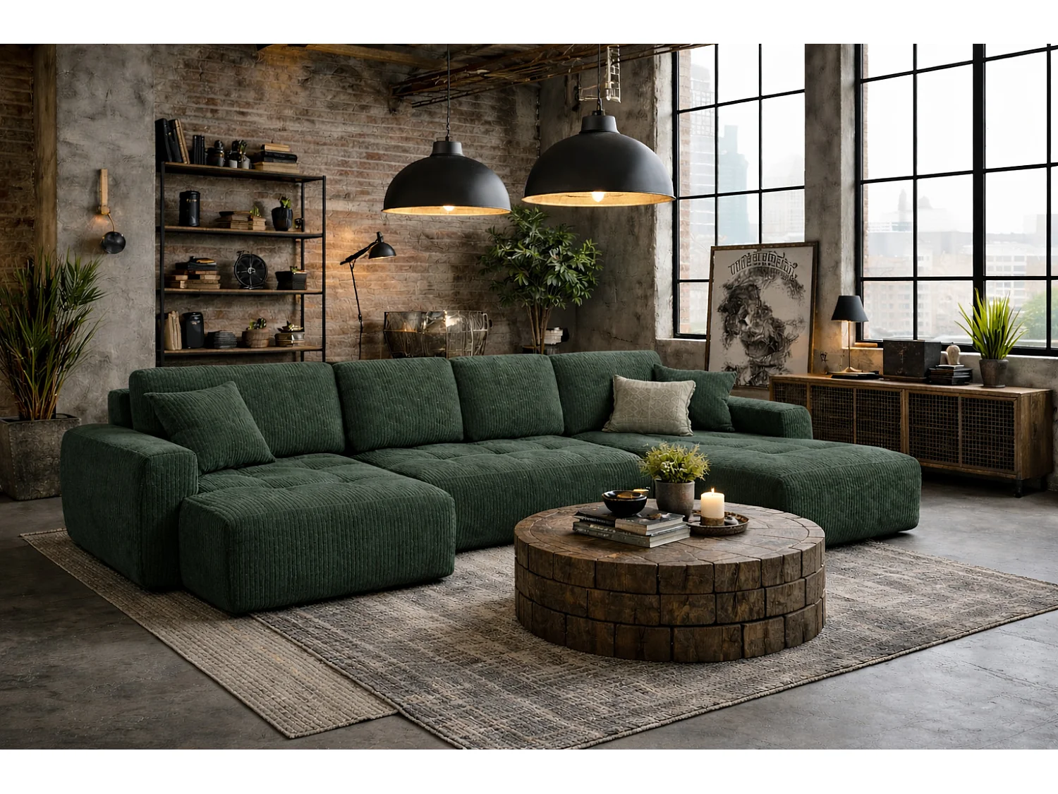 Canapé d’angle en U avec fonction couchage et coffre de rangement Ivo U, velours côtelé Poso, Vert