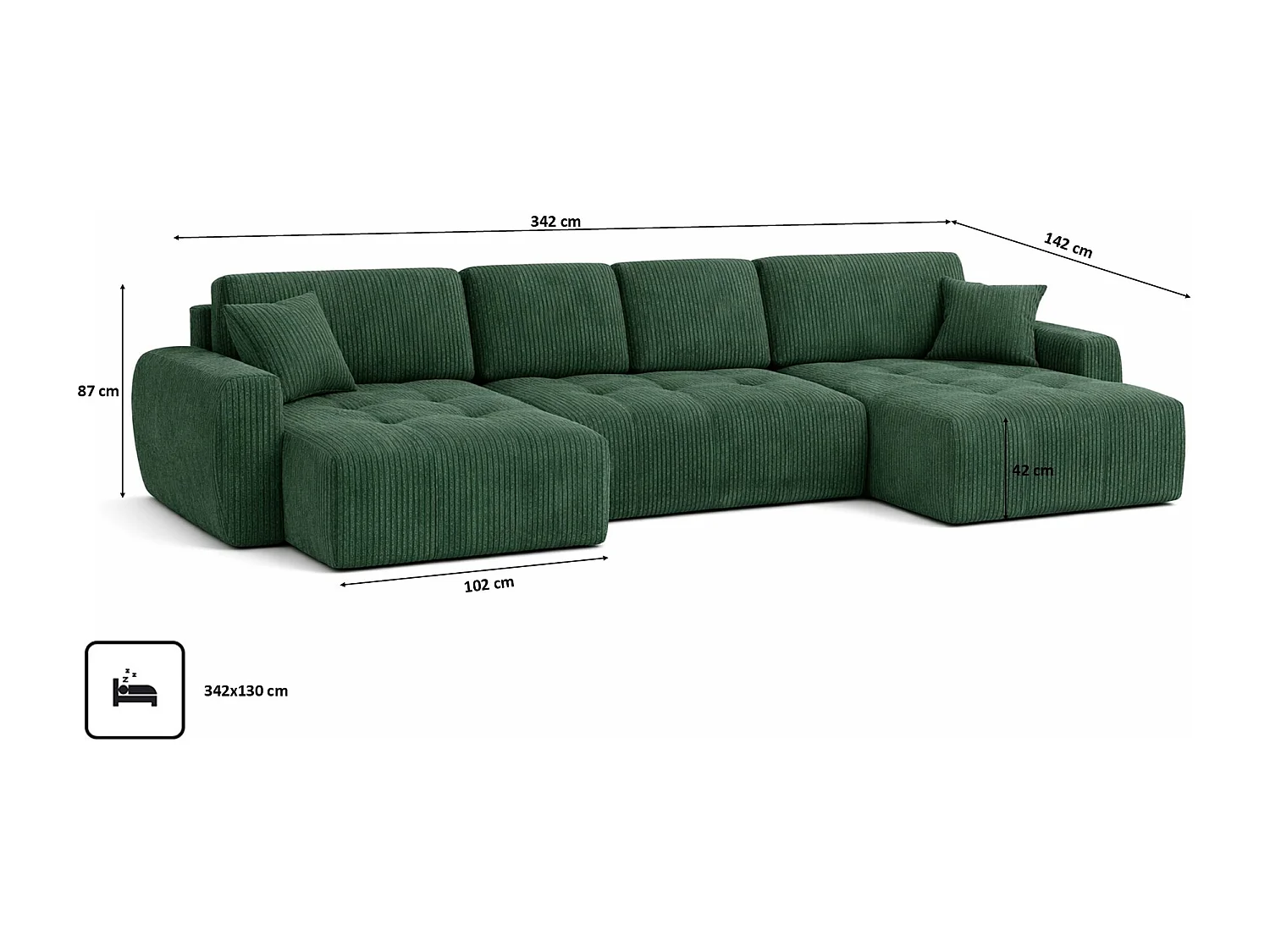 Canapé d’angle en U avec fonction couchage et coffre de rangement Ivo U, velours côtelé Poso, Vert