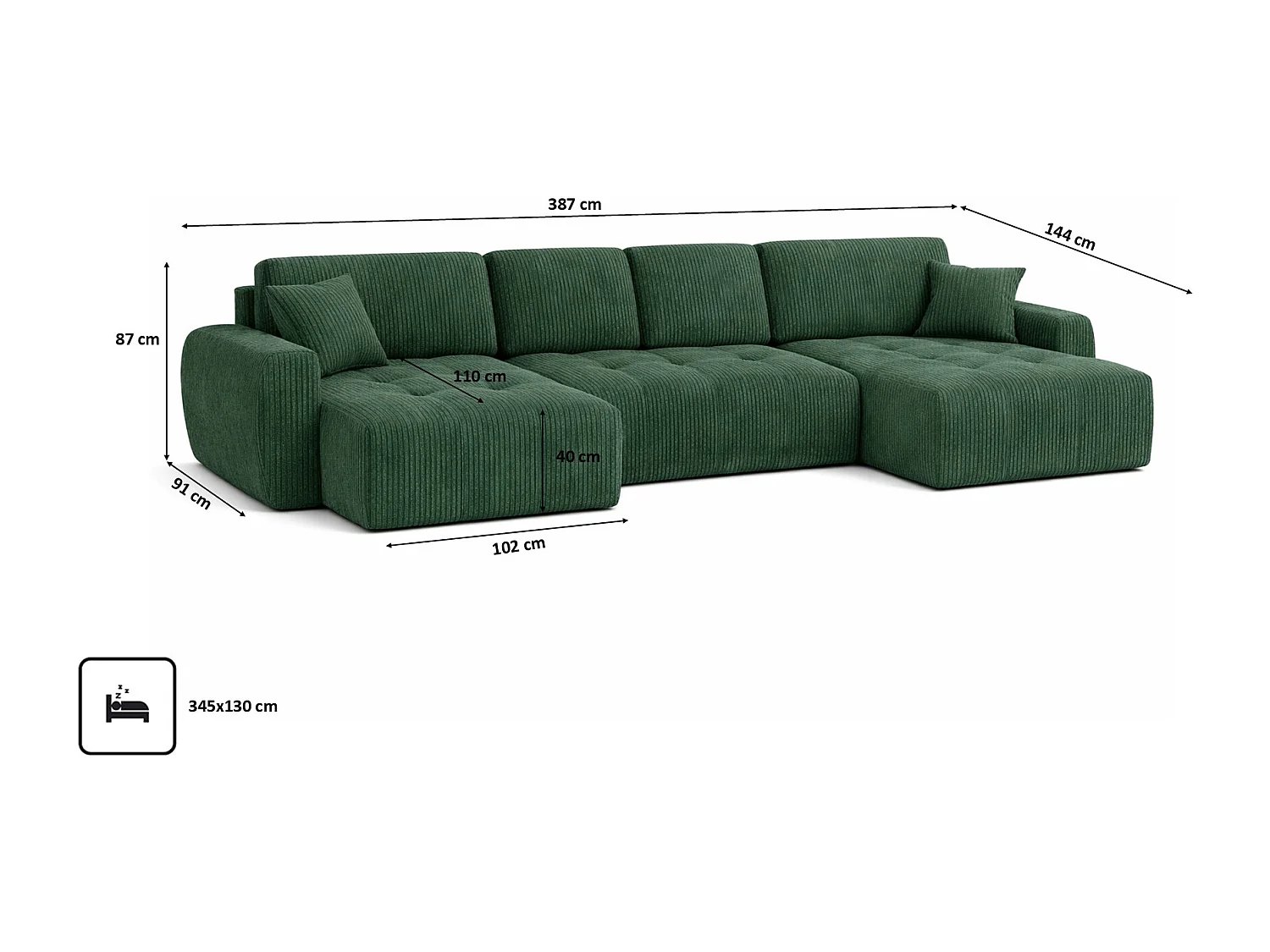 Canapé d’angle en U avec fonction couchage et coffre de rangement Ivo U XL, velours côtelé Poso, Vert