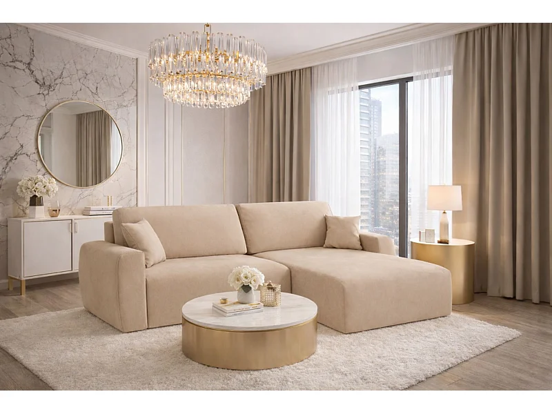 Canapé d'angle convertible avec compartiment de rangement, Ariel XL, tissu chenille, tissu Artico, beige, côté droit