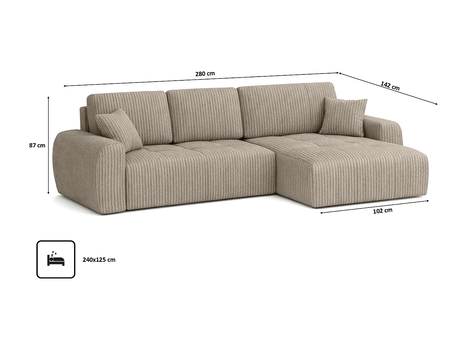 Hoekslaapbank met slaapfunctie en opbergruimte, L-vorm, Ivo XL, ribstof Poso, Donkerbeige, Rechts