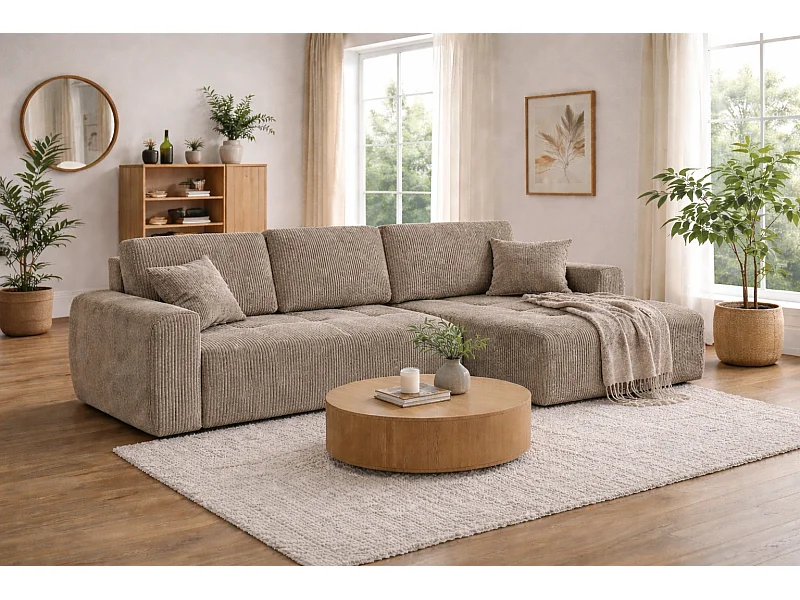 Hoekslaapbank met slaapfunctie en opbergruimte, L-vorm, Ivo XL, ribstof Poso, Donkerbeige, Rechts