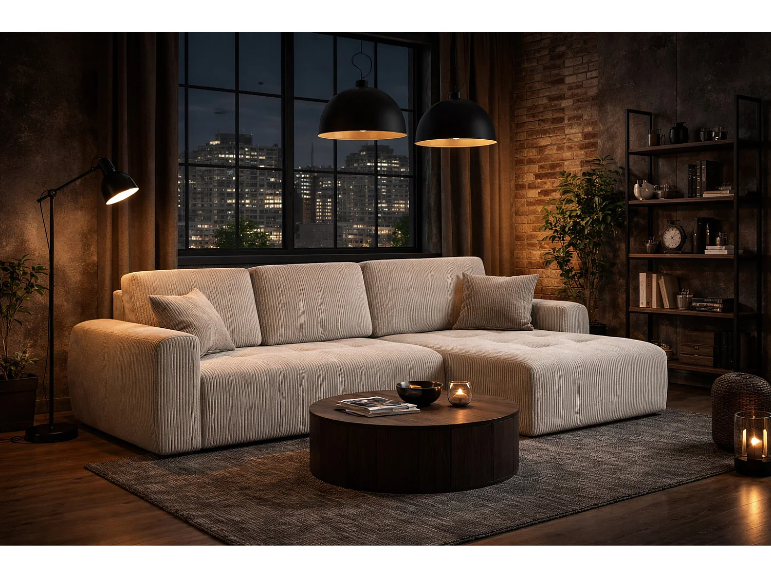 Divano angolare con funzione letto e contenitore a forma di L Ivo L, tessuto a coste Poso, Beige, Destra