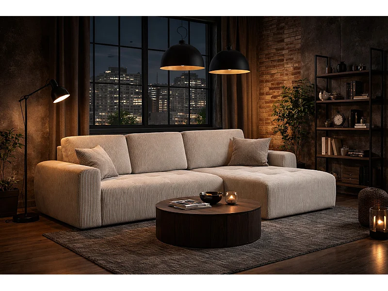 Canapé d’angle avec fonction couchage et coffre de rangement en forme de L Ivo L, tissu en velours côtelé Poso, Beige, Droite