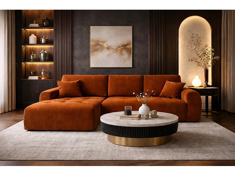 Canapé d’angle avec fonction couchage et coffre de rangement en forme de L Ivo XL, tissu velours Salvador, Marron, Gauche