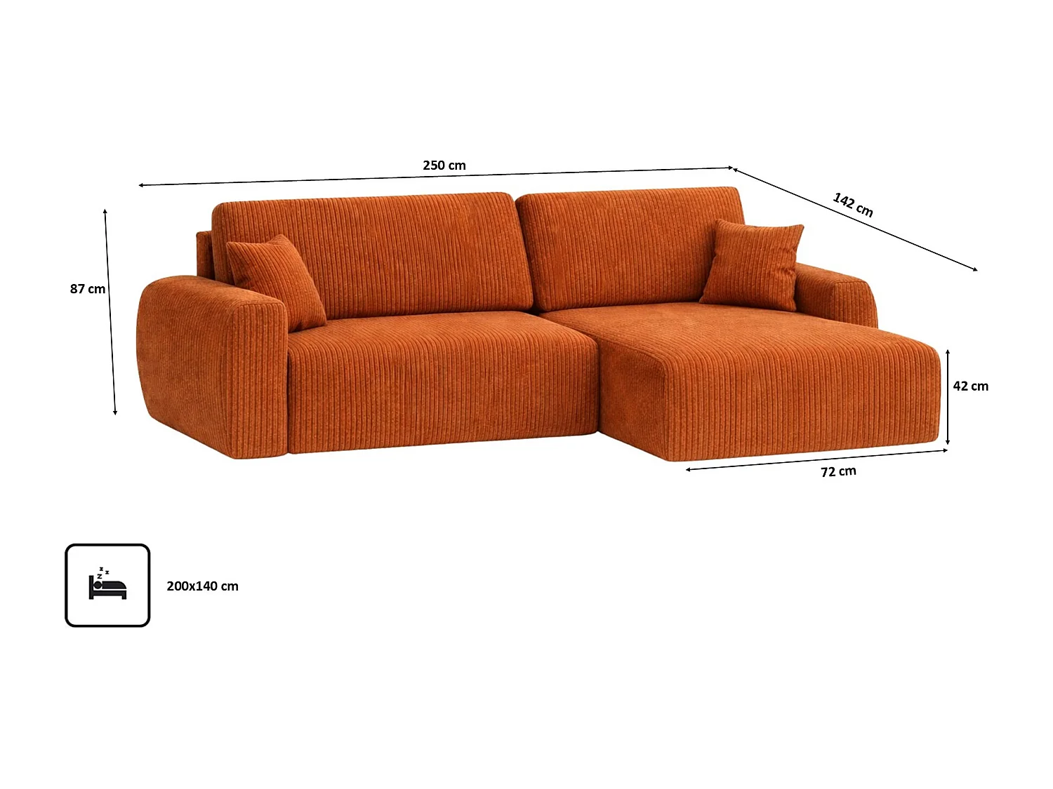 Hoekbank met slaapfunctie en opbergruimte Ariel L, corduroy stof, Poso stof, koper, rechts