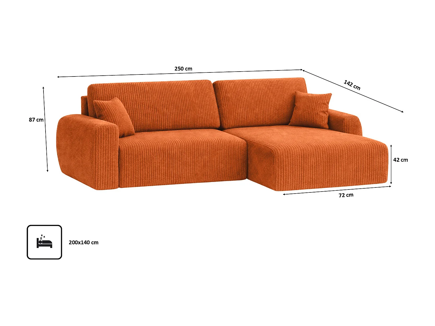 Canapé d'angle convertible avec coffre de rangement Ariel L, tissu côtelé, tissu Poso, cuivre, côté droit