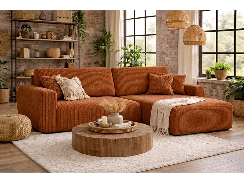 Canapé d'angle convertible avec coffre de rangement Ariel L, tissu côtelé, tissu Poso, cuivre, côté droit