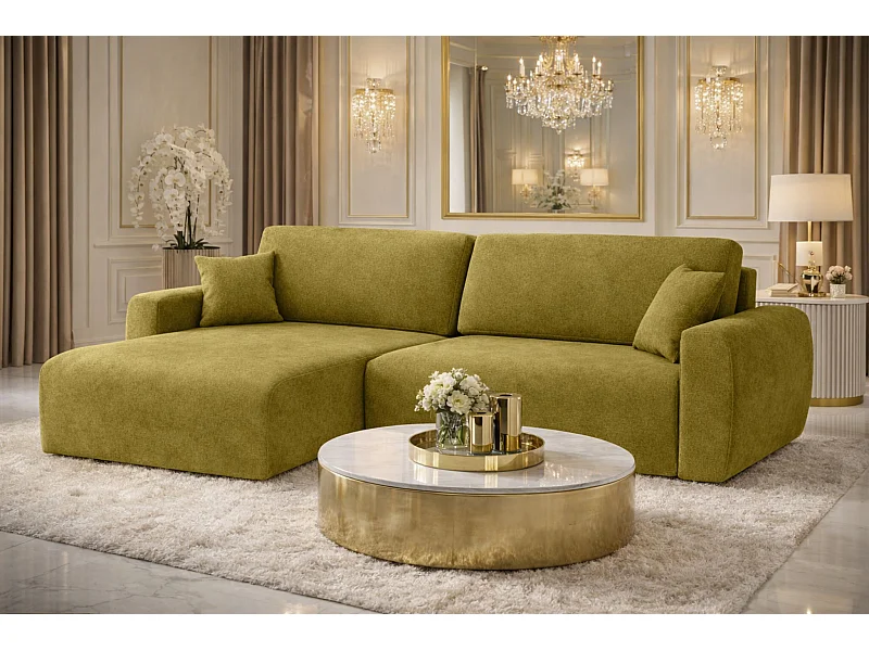 Ecksofa mit Schlaffunktion und Bettkasten Ariel L, Velours, Stoff Salvador, Olive, Links