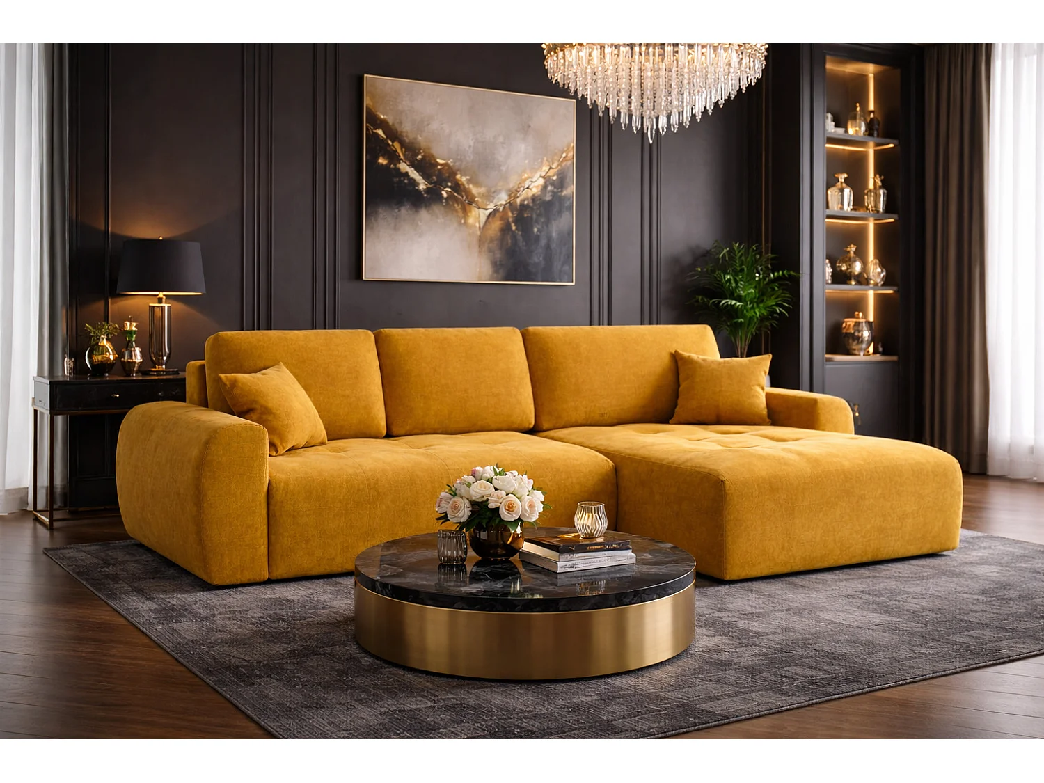 Hoekslaapbank met slaapfunctie en opbergruimte, L-vorm, Ivo L, veloursstof Salvador, Geel, Rechts