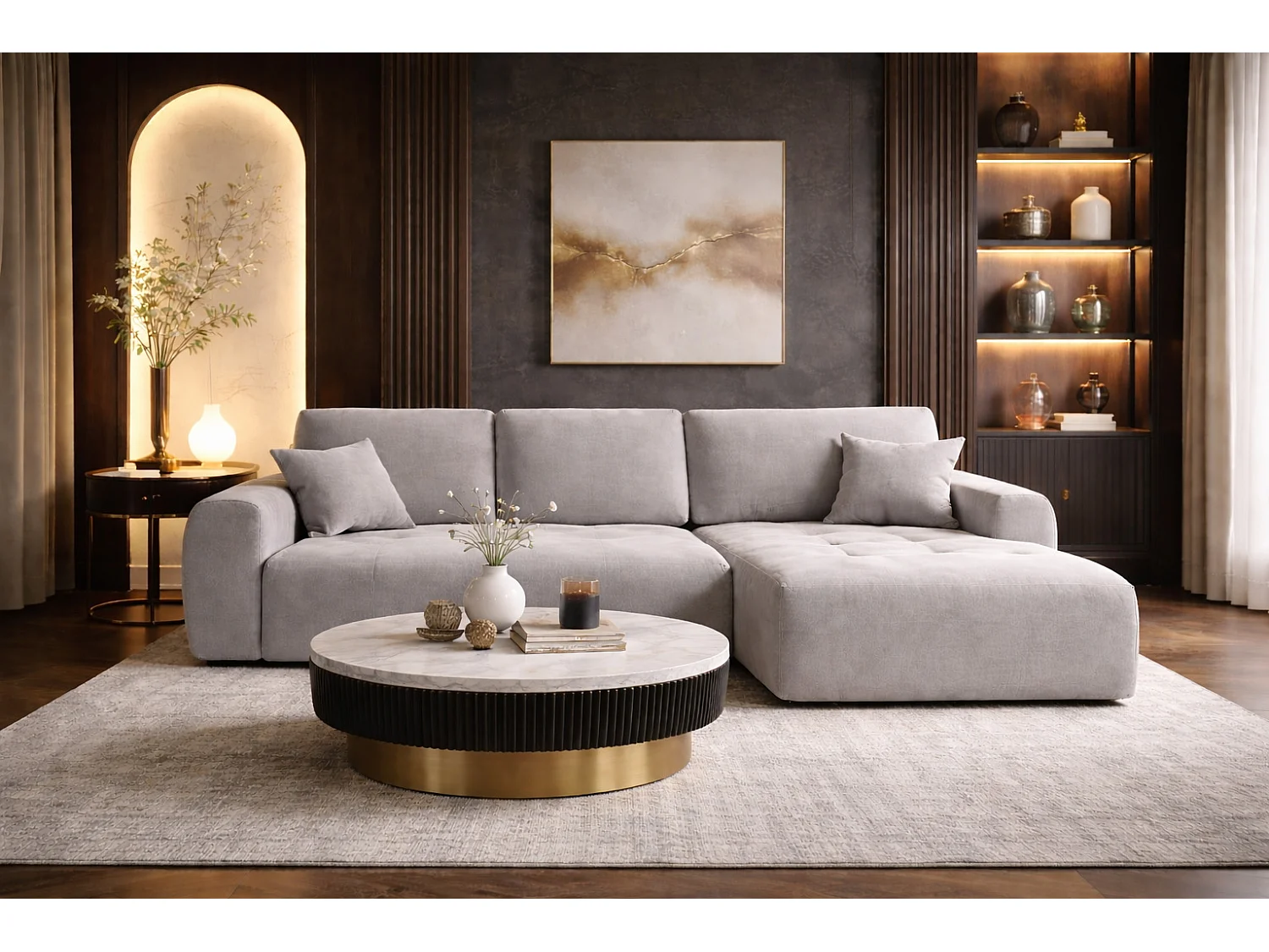 Hoekslaapbank met slaapfunctie en opbergruimte, L-vorm, Ivo XL, veloursstof Salvador, Grijs, Rechts