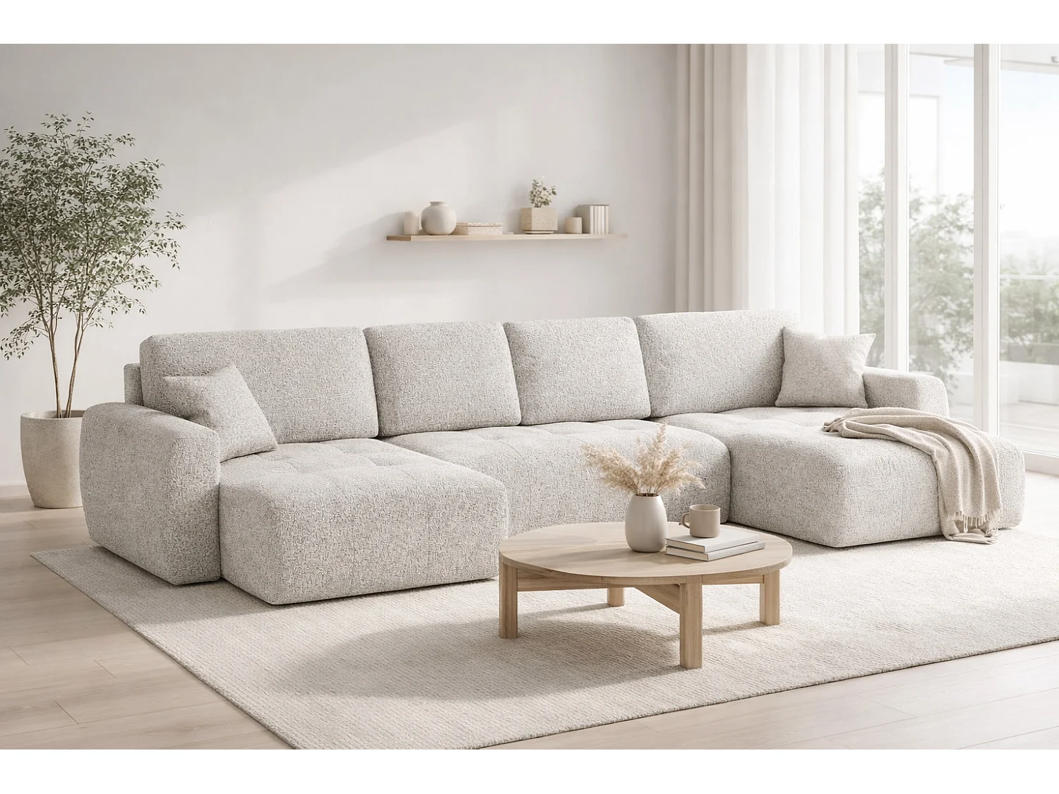 Hoekbank in U-vorm met slaapfunctie en opbergruimte Ivo U XL, chenille stof Artico, Nata