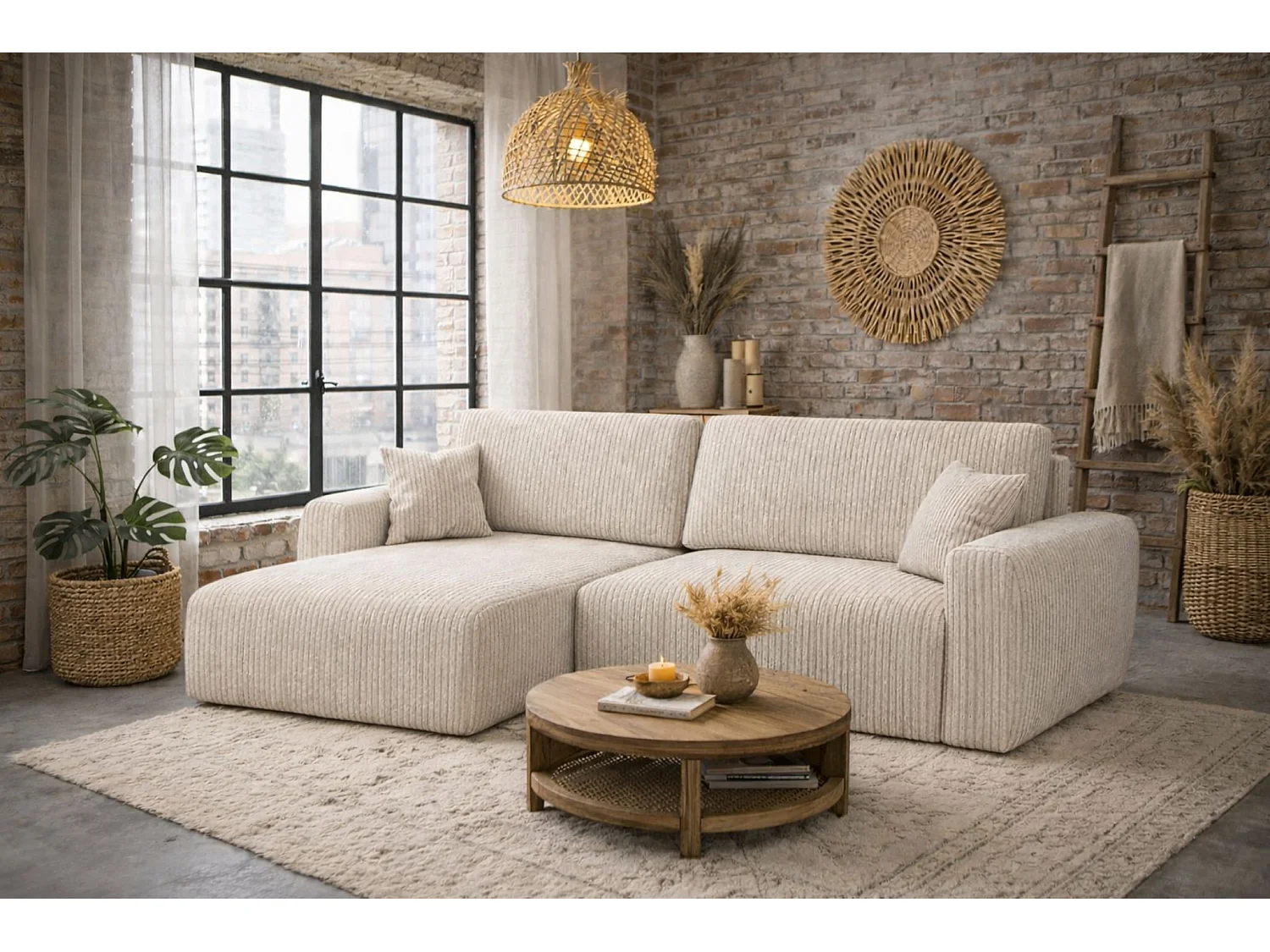 Divano angolare con funzione letto e vano contenitore, Ariel XL, tessuto velluto a coste, tessuto Poso, beige, lato sinistro