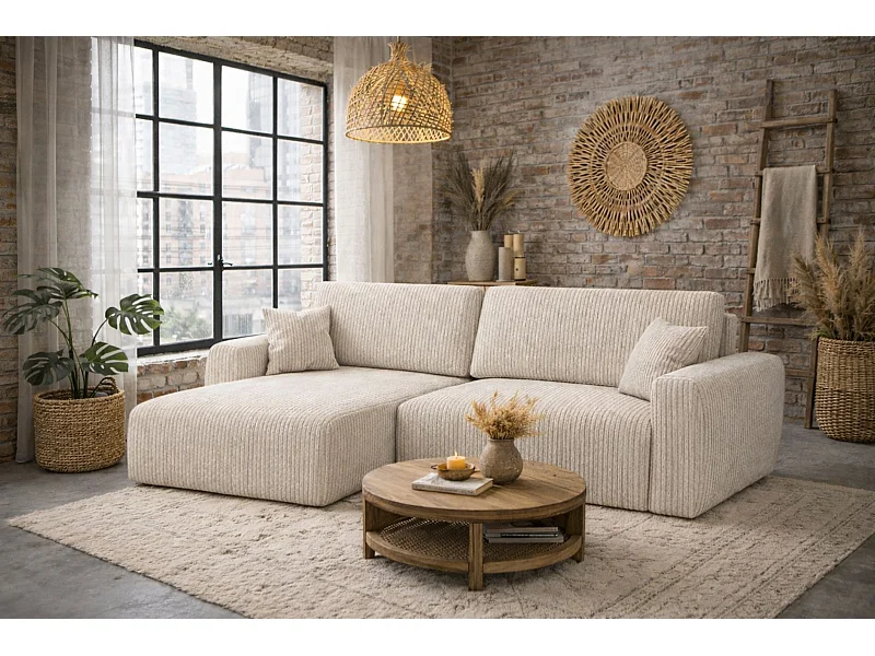 Hoekbank met slaapfunctie en opbergvak, Ariel XL, corduroy stof, Poso stof, beige, links