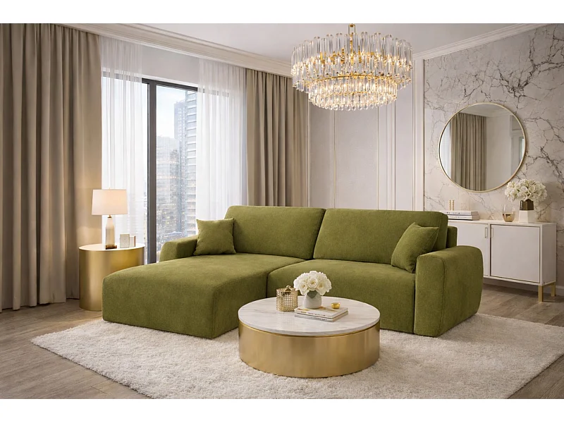 Hoekbank met slaapfunctie en opbergvak, Ariel XL, velours, stof Salvador, olijfgroen, links